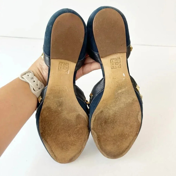 ROWEN Size 8 Blue Suede Gold Studded D'Orsay Flats - Picture 5 of 6